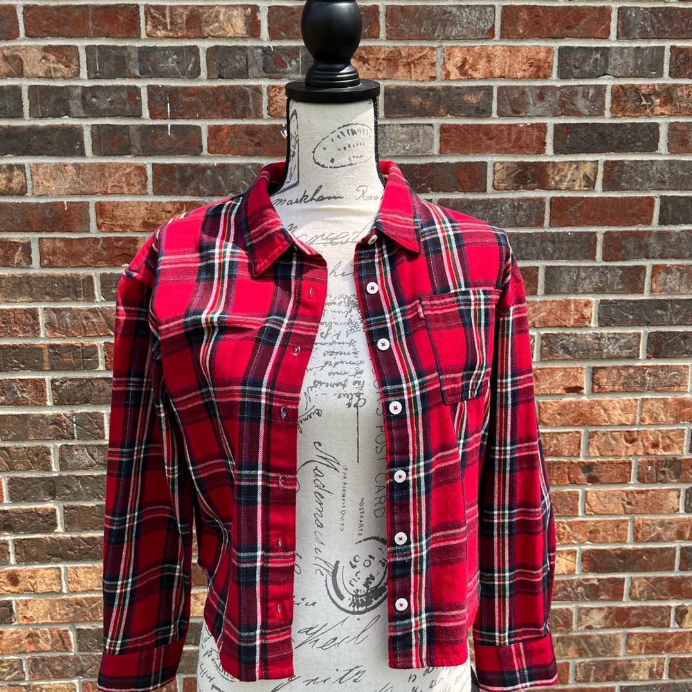 Levi's Red and Black Long Sleeve Crop Button Down Shirt